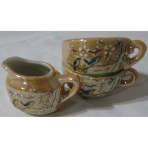 Vintage miniature lusterware cups and pot 3 pieces made in Japan birds flowers